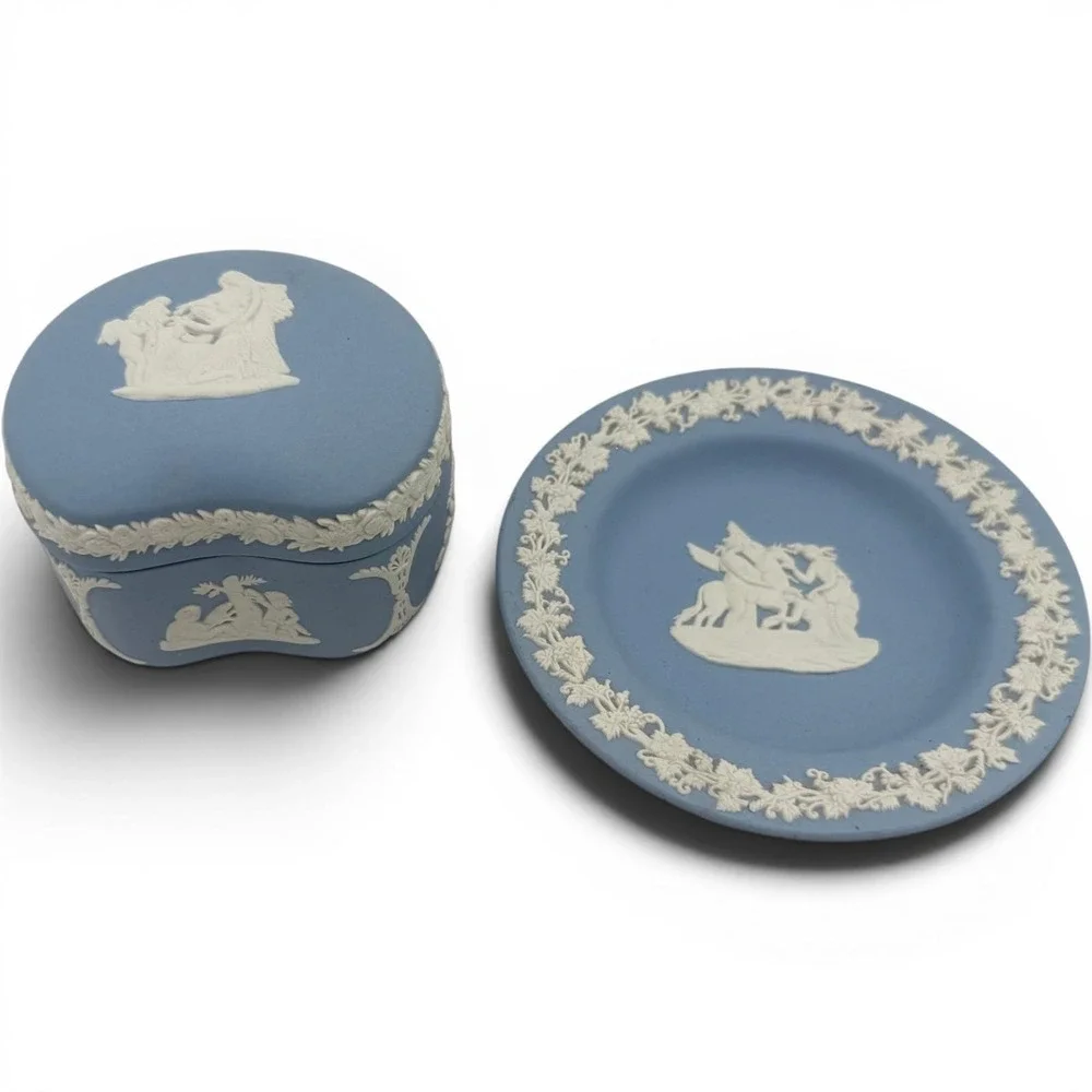 Vintage Wedgwood Blue Jasperware Trinket Box & Pin Dish Set Neoclassical Vanity